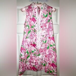 Lilly Pulitzer Alexa Shift Dress Flamingo Pink Green White Lace Size 0